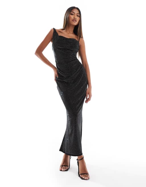 Vestido midi negro de terciopelo con pedrería y escote asimétrico drapeado de ASOS DESIGN