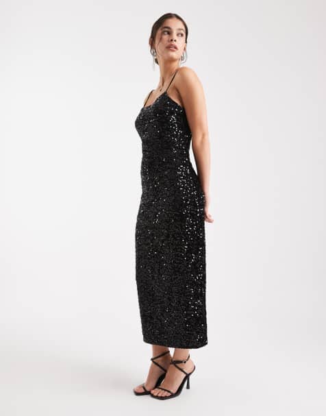 Vestido midi negro de tirantes de lentejuelas de Pieces - view 1