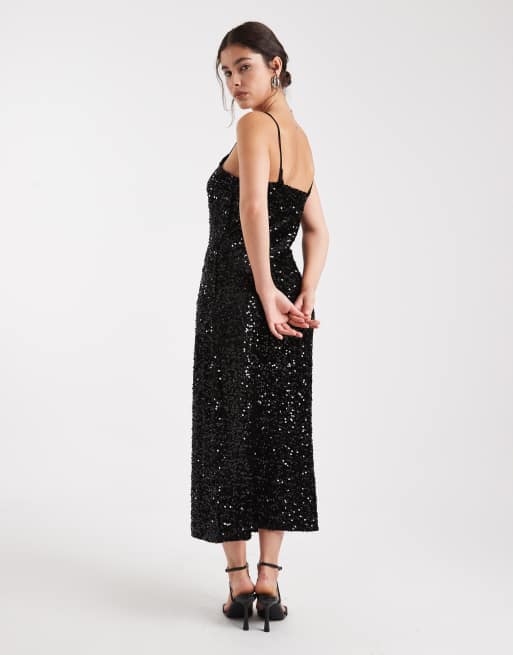 Vestido midi negro de tirantes de lentejuelas de Pieces, 4 de 4