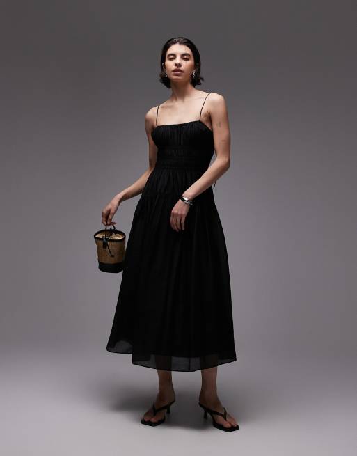 Vestido midi negro de tirantes finos de estilo mesonera con cuerpo fruncido de & Other Stories
