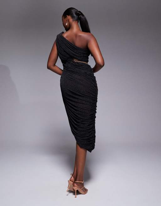 Vestido midi negro efecto purpurina drapeado asimétrico con abertura Aura de JLUXLABEL, 4 de 4