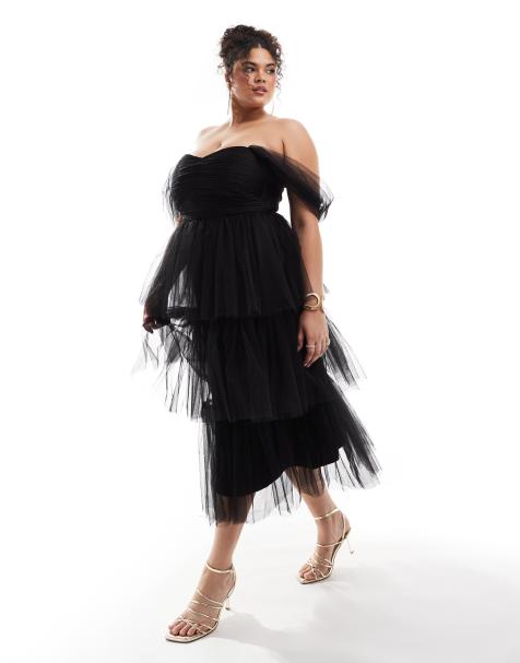 Vestido midi negro escalonado y fruncido de tul de Lace & Beads Plus - view 1