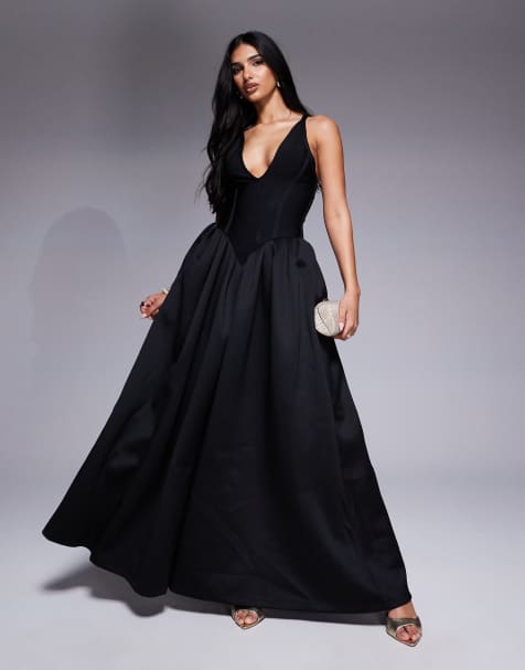 Vestido midi negro escotado con falda de corte amplio y diseño combinado ajustado y tejido efecto neopreno de ASOS DESIGN - view 1