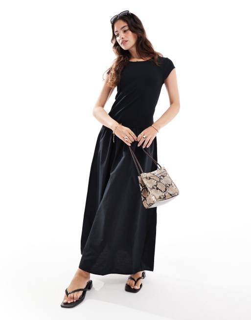 Vestido midi negro estilo camiseta con cintura caída de Mango