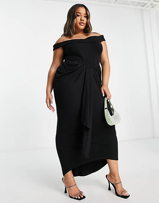 Mujer Ropa de Vestidos de Vestidos de día e informales Vestido midi estilo corsé con escote bardot y detalle fruncido de ASOS de color Negro 