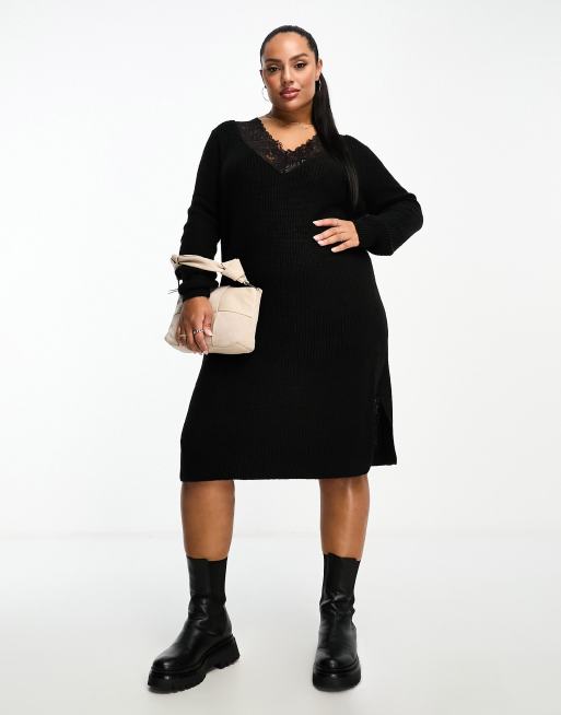 Vestido midi negro estilo jersey con cuello de pico y detalle de encaje de punto de Vila Curve