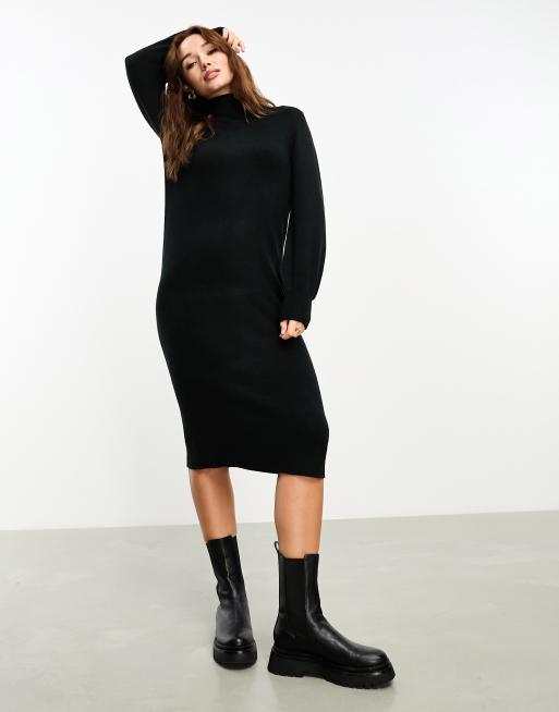 Vestido midi negro estilo jersey con cuello vuelto de punto de Vila