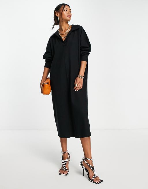 Vestido midi negro estilo jersey de manga larga con cuello tipo polo de punto supersuave de ASOS DESIGN
