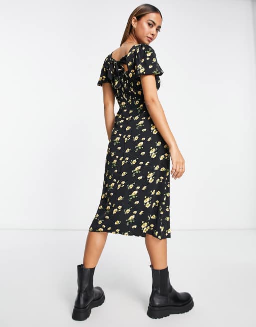Vestido midi negro estilo mesonera con mangas abullonadas y estampado de florecitas amarillas de Glamorous, 2 de 4