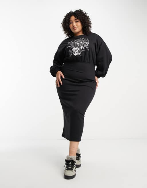 Vestido midi negro estilo sudadera con falda ajustada y detalle