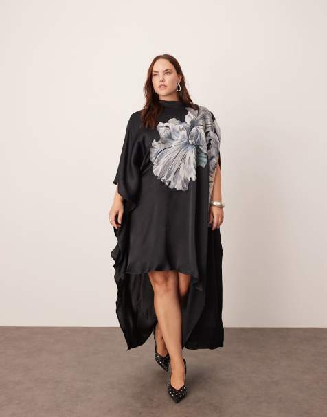 Vestido midi negro extragrande con bajo asimétrico, cuello alto y bordado floral de ASOS EDITION Curve - view 1