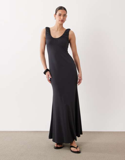 Vestido midi negro fruncido con cuello ancho de ASOS DESIGN, 3 de 4
