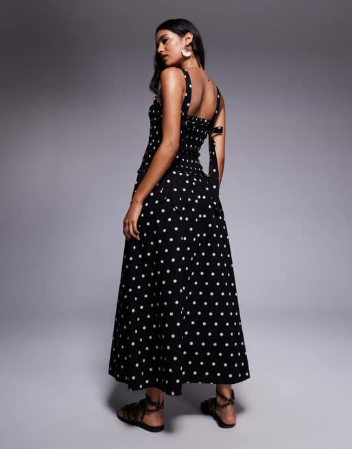 Vestido midi negro fruncido con estampado de lunares de River Island , 3 de 4