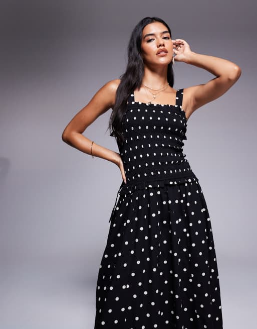 Vestido midi negro fruncido con estampado de lunares de River Island , 4 de 4