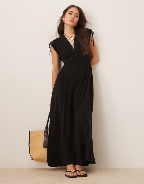 Vestido midi negro fruncido con mangas de hombro ancho y cintura baja de tejido efecto lino de ASOS DESIGN - view 1