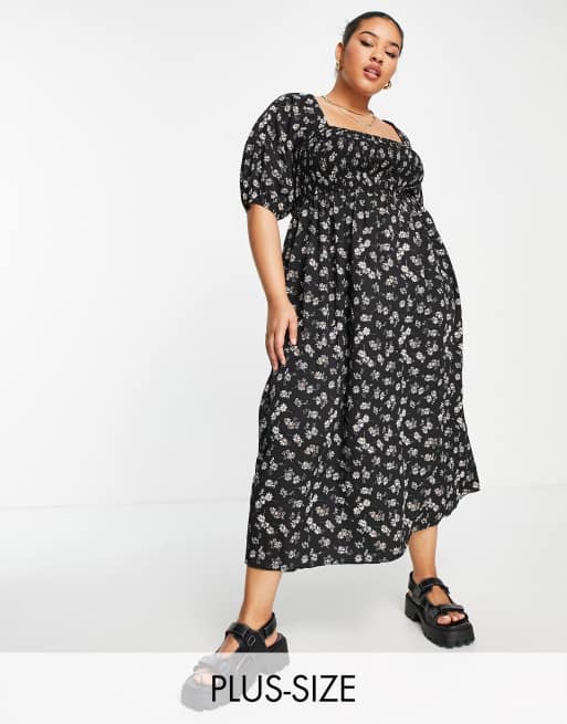 Vestido midi negro fruncido de corte amplio con estampado floral y lazada en la espalda de Lola May Plus
