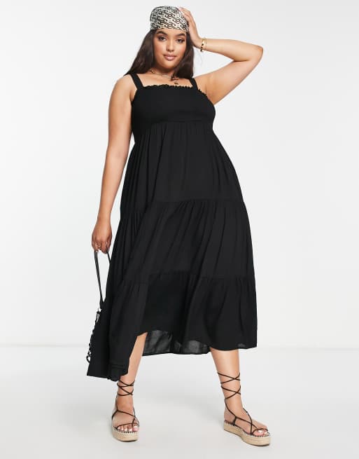 Yours Clothing Pichi Talla Grande Vestido Midi Negro Fruncido Y