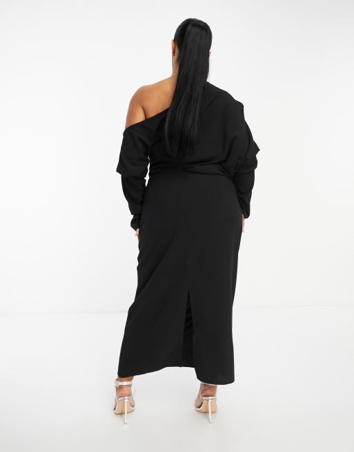 Vestido midi negro holgado con hombros caídos de ASOS DESIGN Curve, 2 de 4