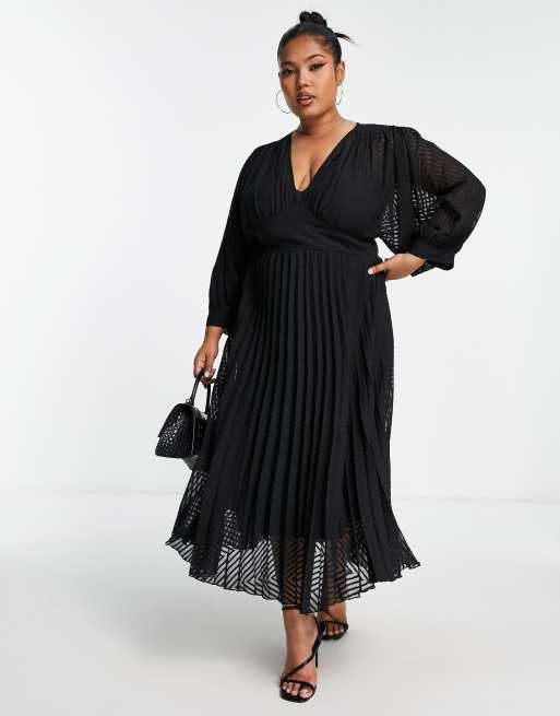 Vestido midi negro plisado con diseño de chevrón y mangas murciélago de plumeti de ASOS DESIGN Curve 
