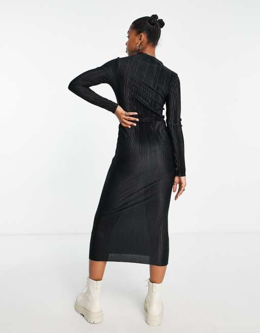 Vestido midi negro plisado de manga larga con cinturón de New Look, 2 de 4