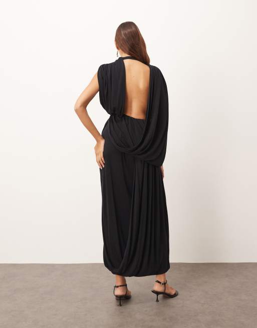 Vestido midi negro sin mangas con bajo drapeado y detalle de hebilla de ARRANGE, 4 de 4