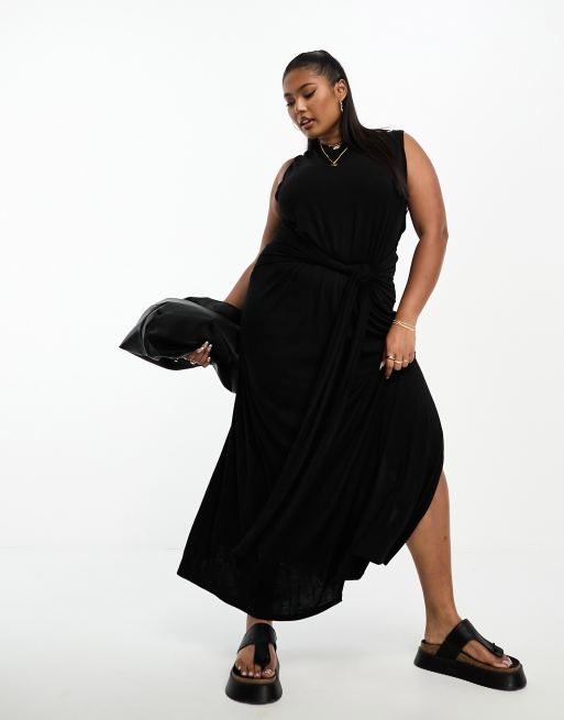 Vestido midi negro sin mangas con cuello redondo y falda anudada tipo pareo de ASOS DESIGN Curve 