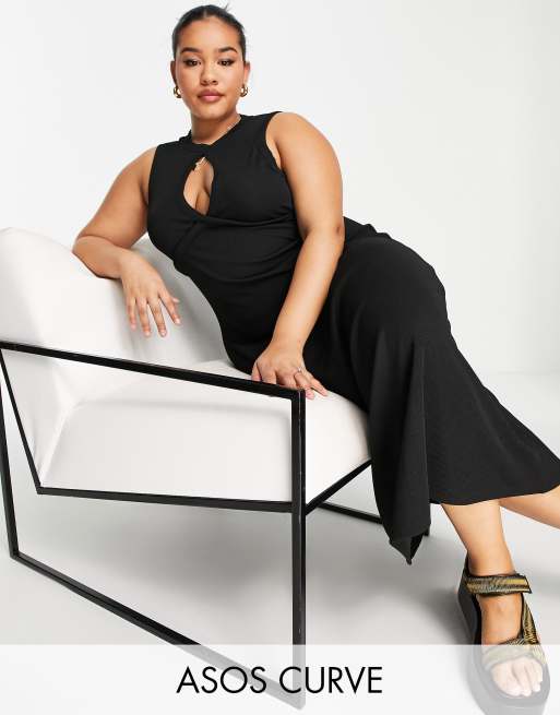 Vestido midi negro sin mangas con detalle de abertura vertical de canalé de ASOS DESIGN Curve