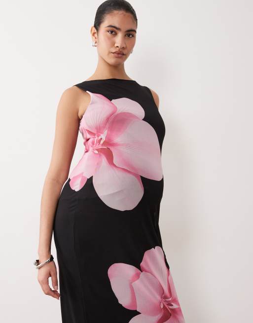 Vestido midi negro sin mangas con estampado floral de malla de Mamalicious Maternity, 2 de 4