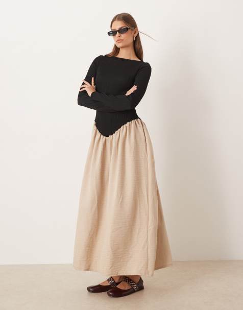 Vestido midi negro y beis de manga larga con cuello barco y cintura baja de pico de ASOS DESIGN - view 1