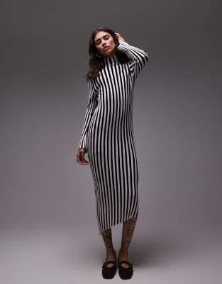 Vestido midi negro y blanco a rayas verticales con pliegues y bajo asimétrico de punto de Topshop - view 1