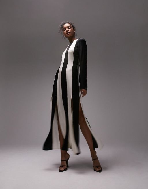 Vestido midi negro y blanco de manga larga con diseño de paneles en contraste de Topshop