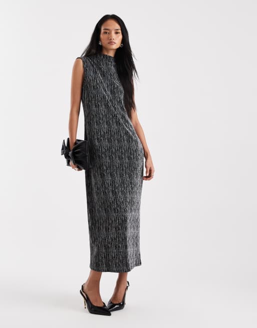 Vestido midi negro y plateado efecto purpurina sin mangas con cuello barco de Vero Moda, 2 de 4