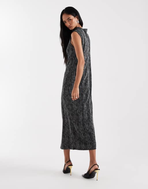 Vestido midi negro y plateado efecto purpurina sin mangas con cuello barco de Vero Moda, 3 de 4