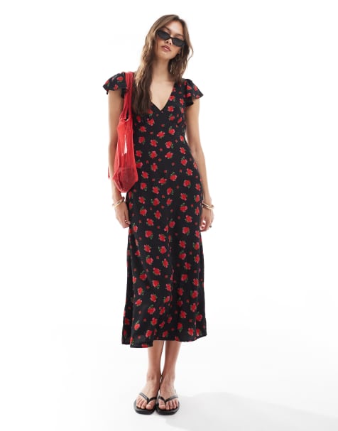 Vestido midi negro y rojo cruzado en la parte delantera con estampado floral de Brave Soul - view 1