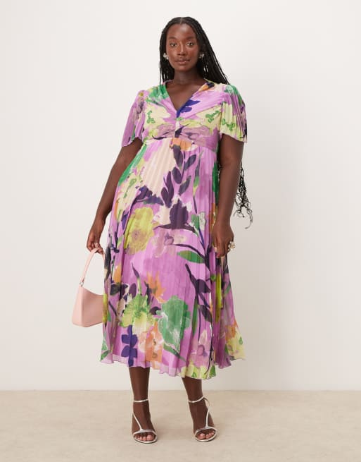 Vestido midi plisado con diseño estampado y mangas fluidas de ASOS DESIGN Curve