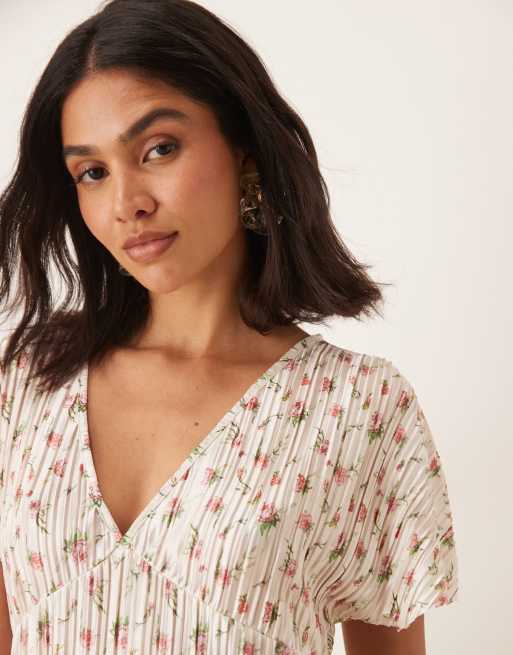 Vestido midi plisado con estampado de florecitas y cuello de pico de ASOS DESIGN, 3 de 4