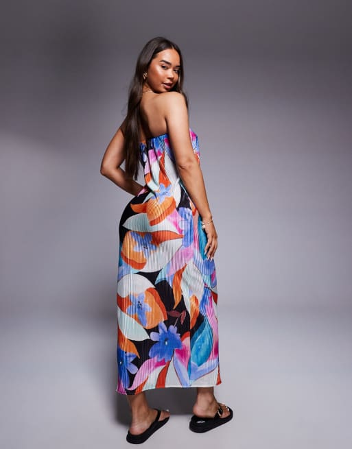 Vestido midi plisado con estampado tropical y escote palabra de honor de ASOS DESIGN, 3 de 4