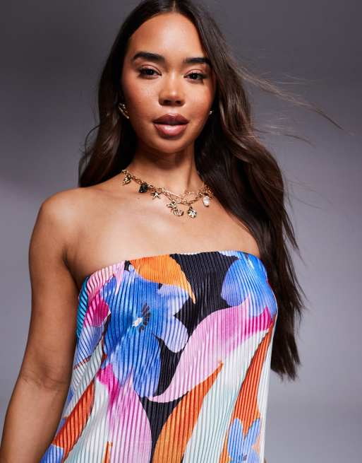 Vestido midi plisado con estampado tropical y escote palabra de honor de ASOS DESIGN, 4 de 4
