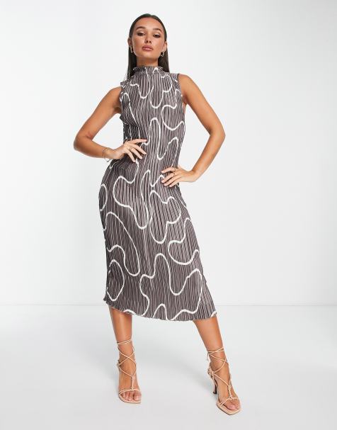 Vestido midi plisado de cuello alto con estampado abstracto de satén de ASOS DESIGN - view 1