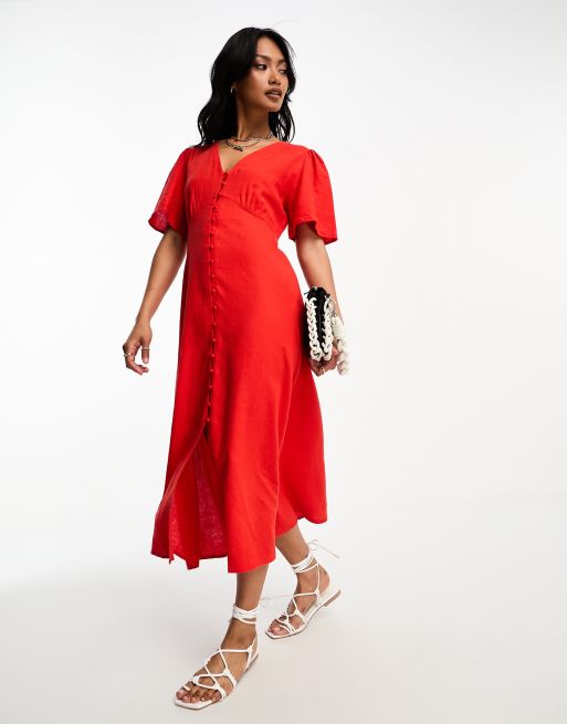 Vestido midi rojo abotonado con cuello de pico de Mango