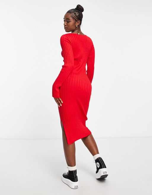 Vestido midi rojo ajustado de punto de canal de Monki ASOS