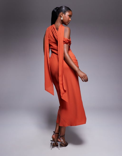 Vestido midi rojo asimétrico con detalle de fular de ASOS DESIGN, 4 de 4