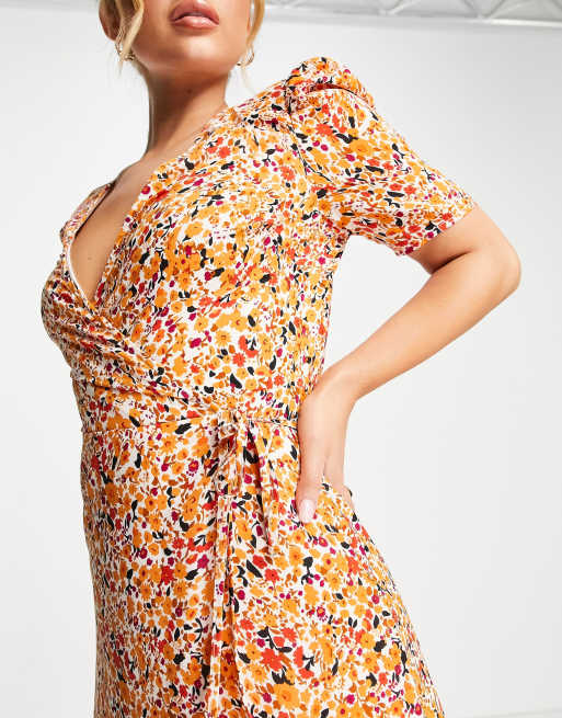 Vestido midi rojo asimétrico con mangas abullonadas y estampado floral de Missguided, 2 de 4