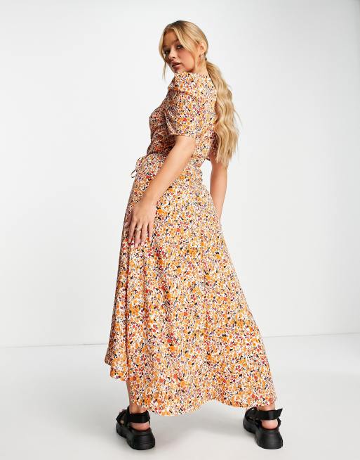 Vestido midi rojo asimétrico con mangas abullonadas y estampado floral de Missguided, 4 de 4