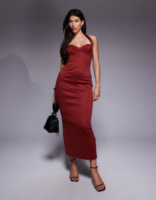 Vestido midi rojo cereza oscuro estructurado con diseño de corsé de ASOS DESIGN, 2 de 4