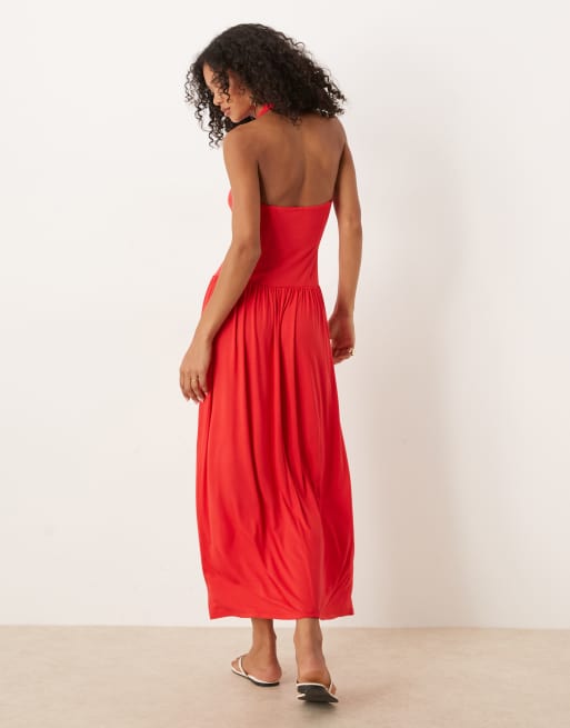 Vestido midi rojo con cintura baja y cuello halter de ASOS DESIGN, 2 de 4