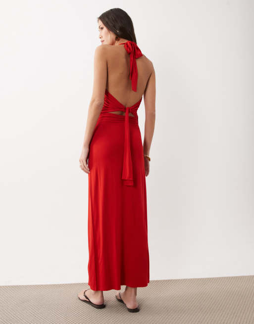 Vestido midi rojo con cuello halter y lazada en la espalda de ASOS DESIGN, 2 de 4