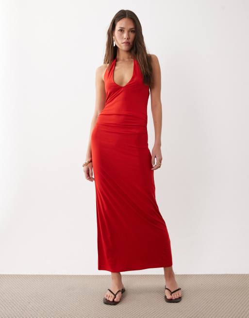 Vestido midi rojo con cuello halter y lazada en la espalda de ASOS DESIGN, 3 de 4