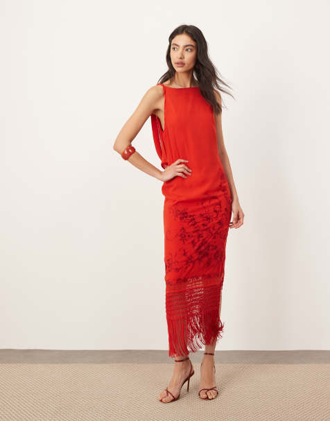 Vestido midi rojo con espalda drapeada, diseño bordado y bajo de flecos de ARRANGE - view 1