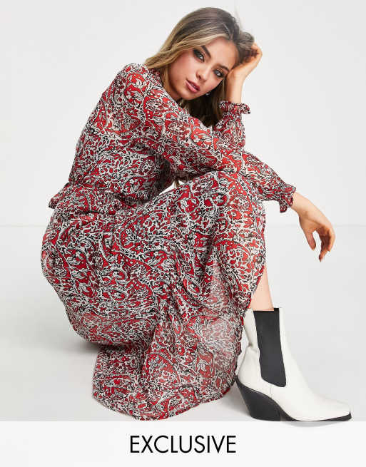 Vestido midi rojo con estampado de cachemir exclusivo de Only
